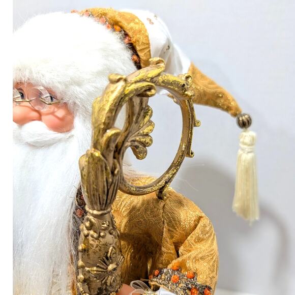 Gold Victorian Santa Standing 16.5" Bag of Gifts Staff Boots Orange Beaded Trim - Picture 7 of 16